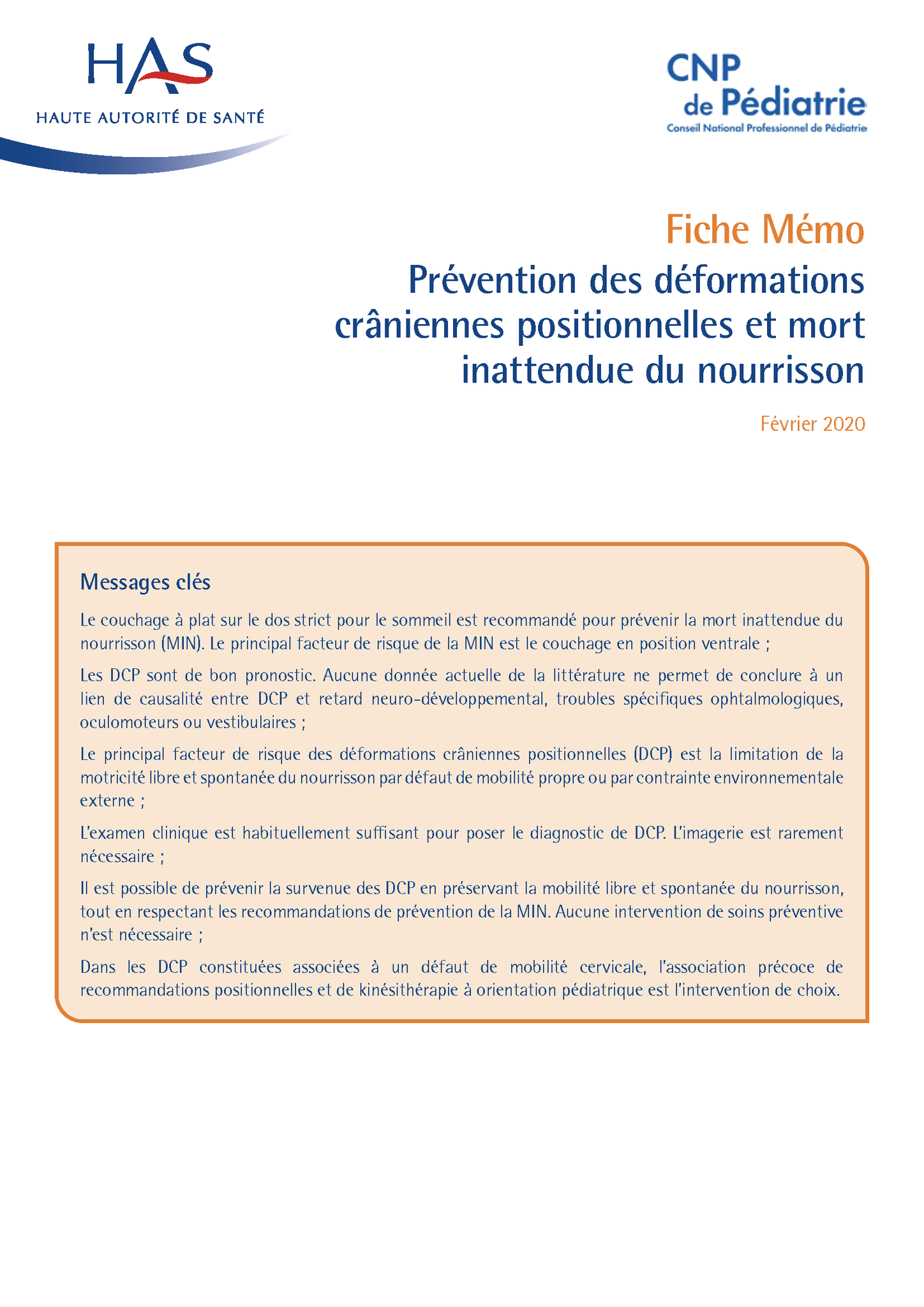 Fiche mémo HAS Prévention des déformations crâniennes positionnelles fev 2020