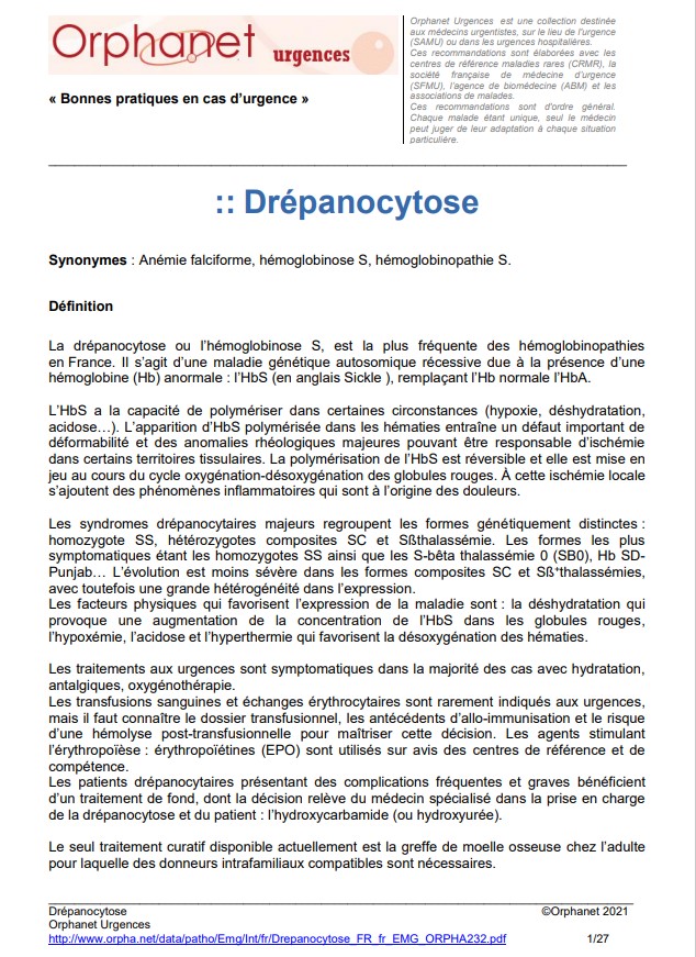Fiche urgence Orphanet Drépanocytose