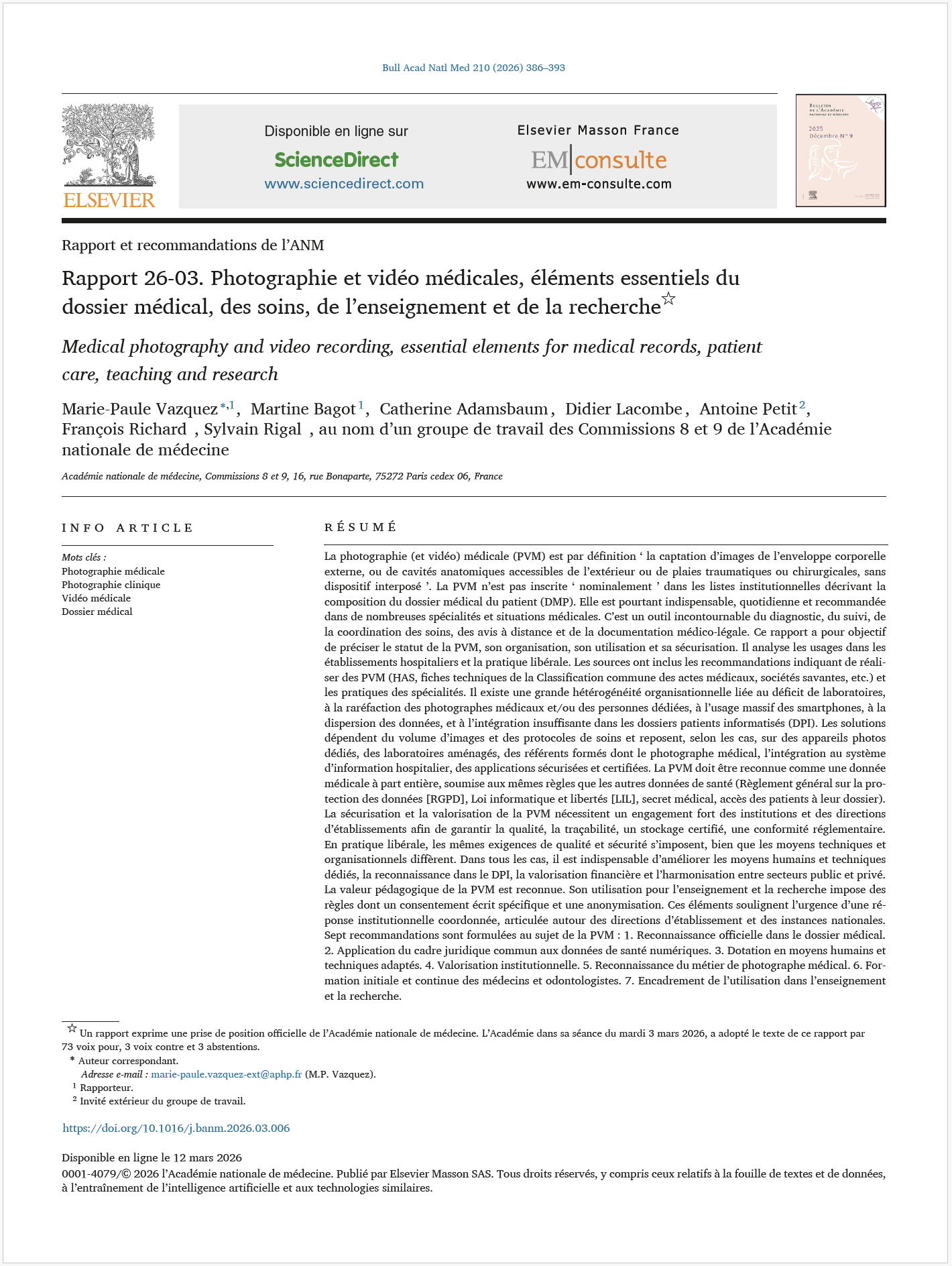 Image page 1 de l'article de l'Academie de medecine sur  son rapport sur la photographie medicale 2026