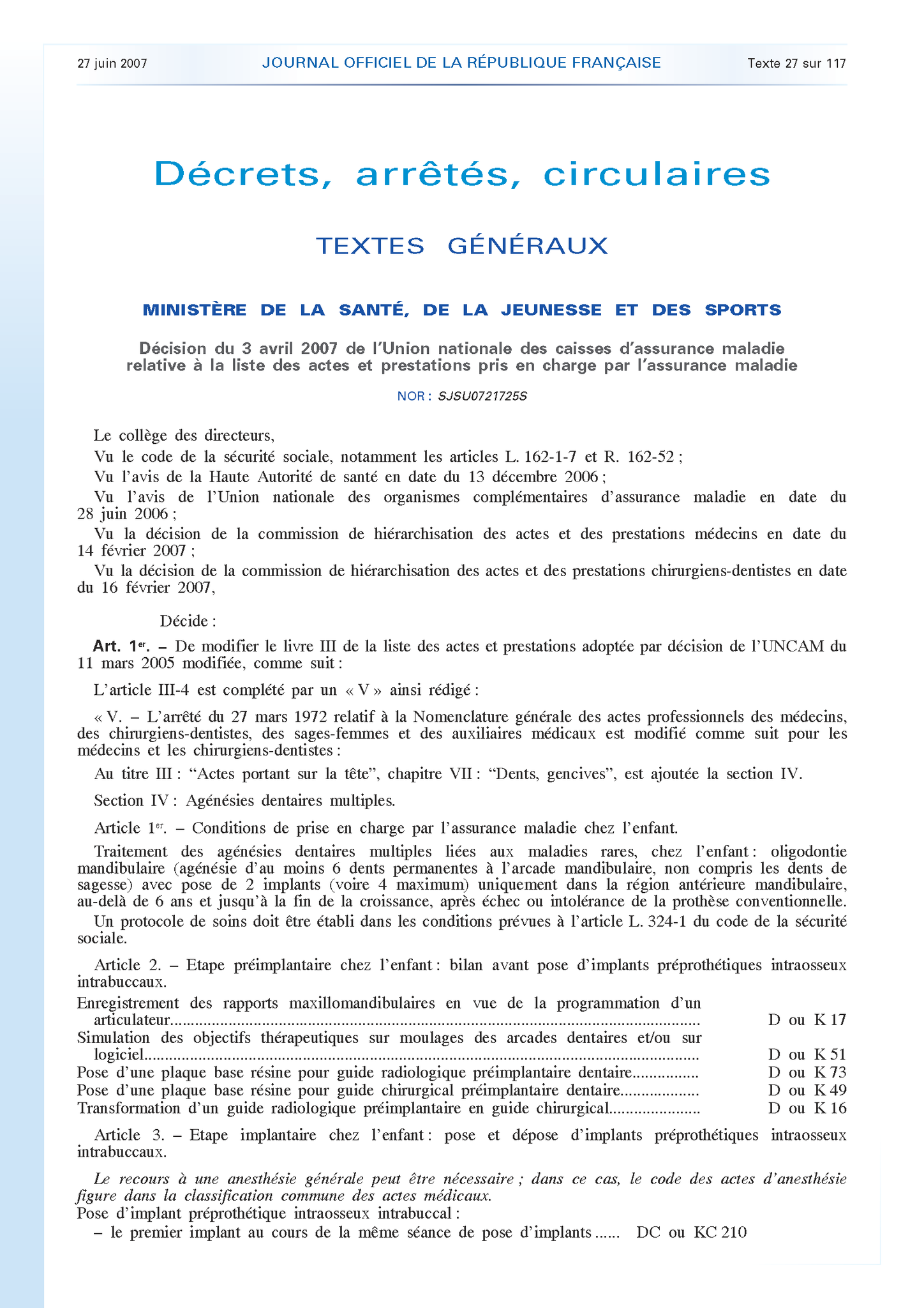 Image Décision UNCAM agénésies dentaires enfant 2007